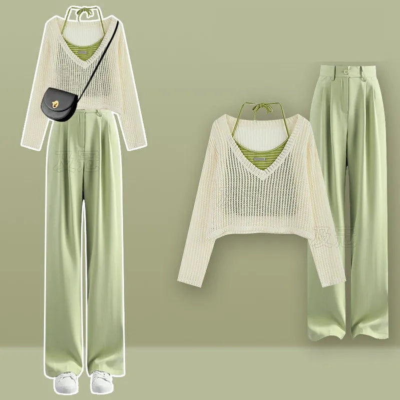 Women's Summer Fashion Hollow Out Shirt+Suspender+Wide Leg Pants Three Piece New in Matching Set Korean Elegant Tracksuit Green Three-Piece