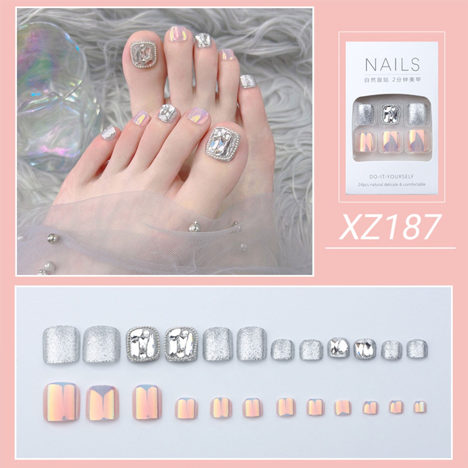Summer Gold Full Diamond Feet Nails Press On Fake Glitter Toe Nail Stickers Full Cover Toe Nail Tips False Foot Nails J9