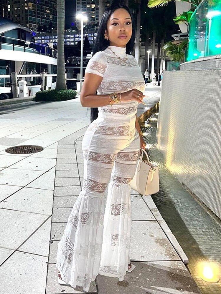 Fall Two Piece Sets Outfits Women Short Sleeve Lace Mesh Tops High Waist Pants Suits Autumn Party Club Matching Sets White