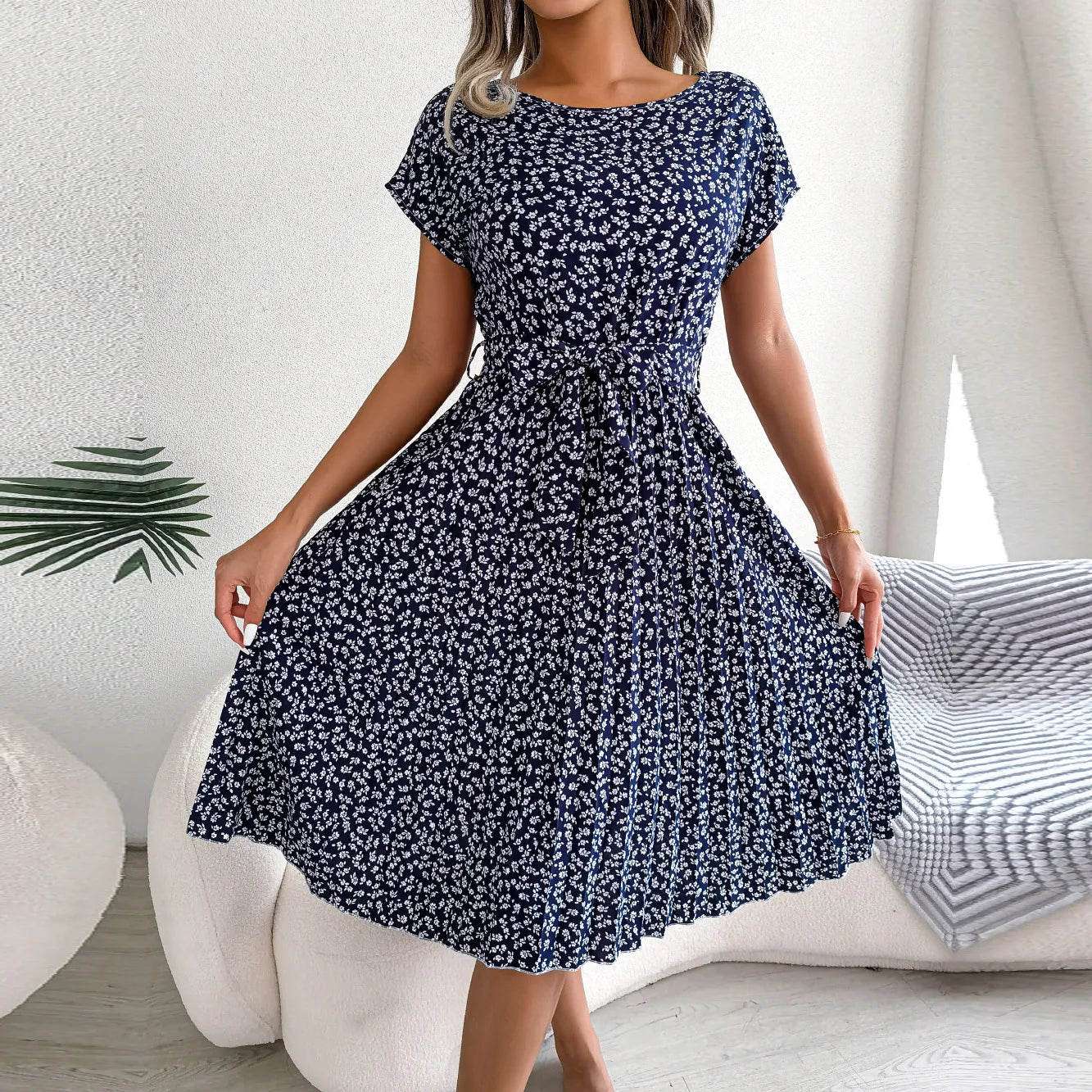 Fashion Floral Pleated A Line Long Dress Women Spring Summer Short Sleeve High Waist Chic Dress