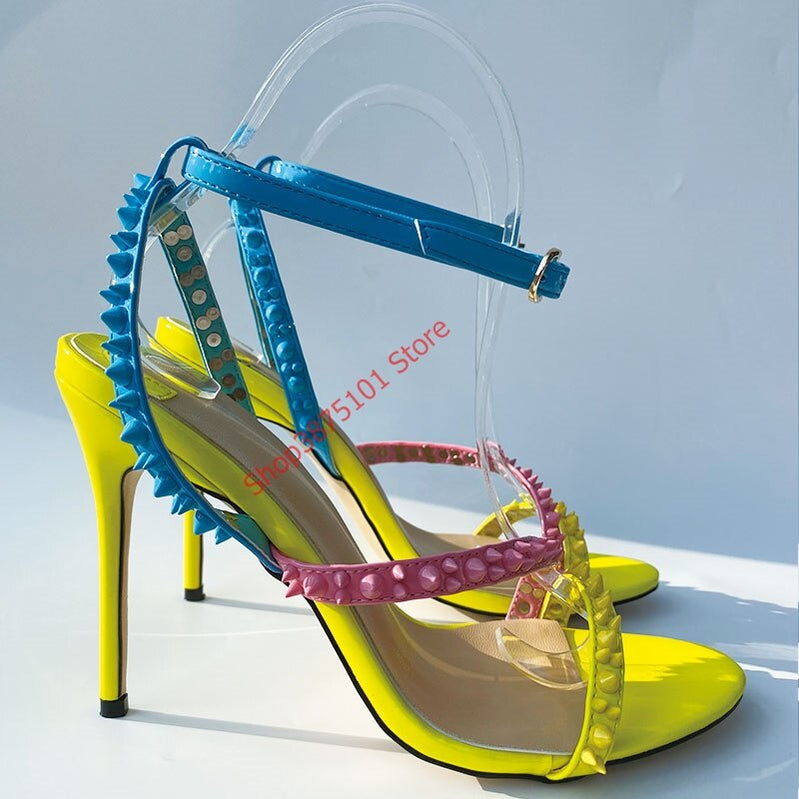 Rivets Cross Strap Summer Heels Sandals Women Thin Heels Sandals Color Studded Summer Classic Party Shoes