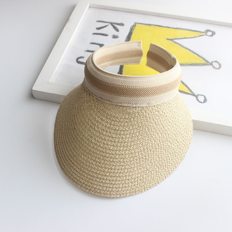Summer Empty Top Sun Hat - Female Outdoor Visor Cap Casual Shade Hat Straw Wide Large Brim Beach Sunhat Lady 0672-Beige
