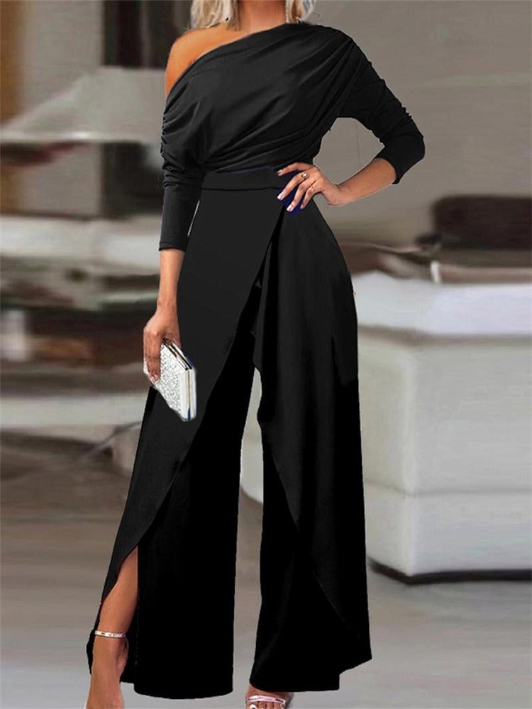 Elegant Jumpsuits for Women Spring New Plain Elegant Office Lady Loose Ruched Cold Shoulder Split Hem Wide Leg Jumpsuit Black