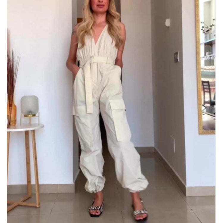Summer Women Fashion Safari Style Halter Jumpsuit Sexy V-Neck Backless Stretch High Waist Jumpsuits Female Solid Pocket Bodysuit