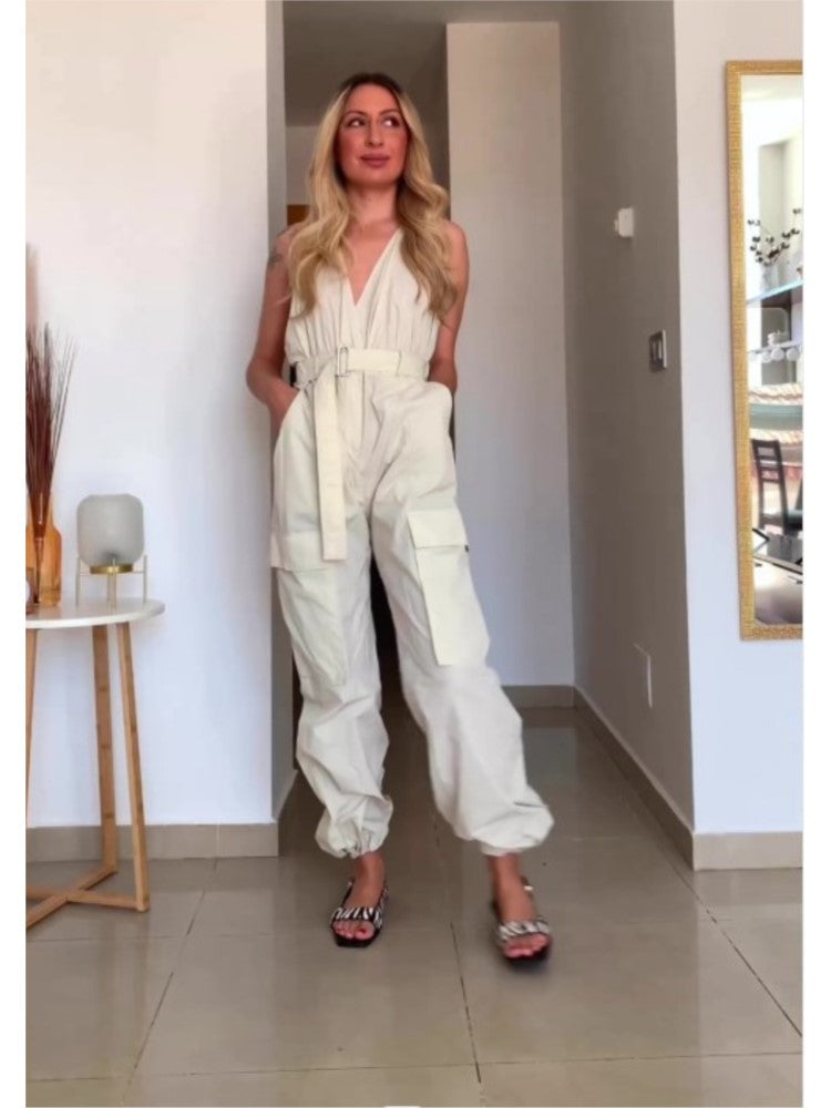 Summer Women Fashion Safari Style Halter Jumpsuit Sexy V-Neck Backless Stretch High Waist Jumpsuits Female Solid Pocket Bodysuit