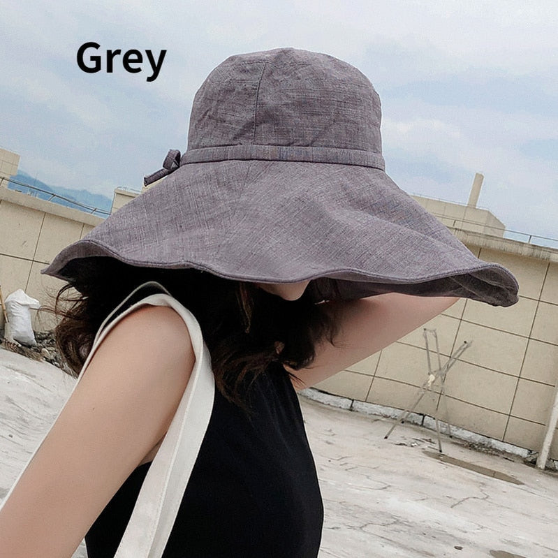 Wide Brim 18cm Linen Sun Hats for Women Uv Protection UPF 50+ Sunshade Foldable Bucket Hat Beach Outing Panama