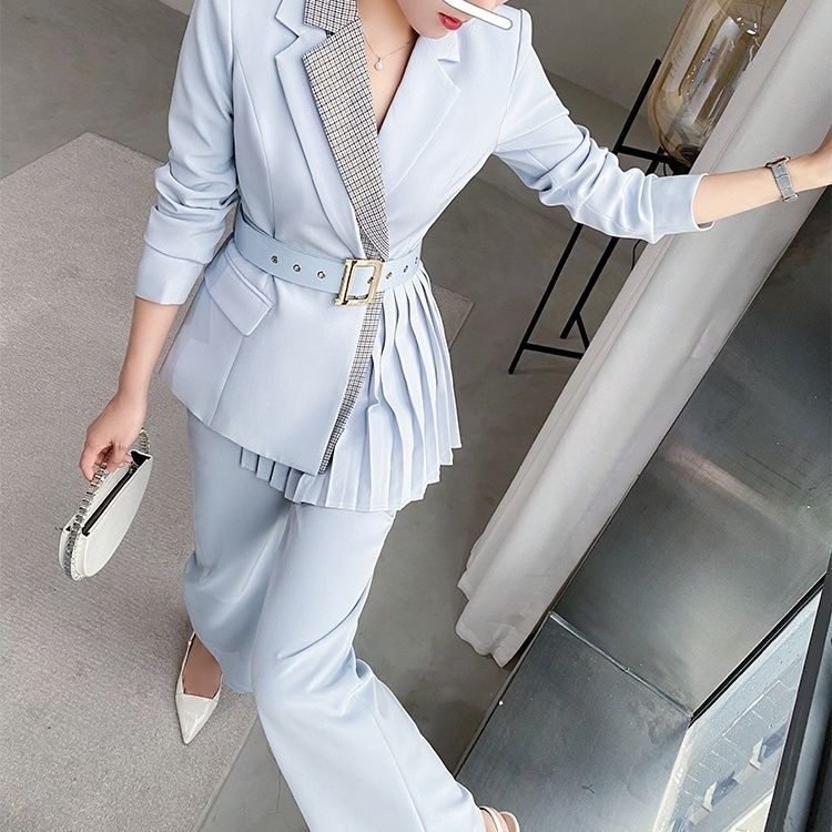 Dress Irregular Pleated Thin Blazers Coat OL Turn Down Collar Suit Cardigan Belted Jacket Tops + Long Pants Spring Fall 2pcs Set