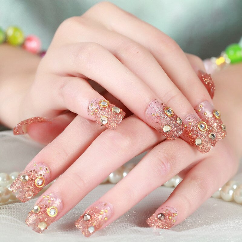 24Pcs/box Luxe Shining Rhinestone Wedding False Nails Transparent Glitter Gems Crown Designed Square Full Short Fake Art Bride 17