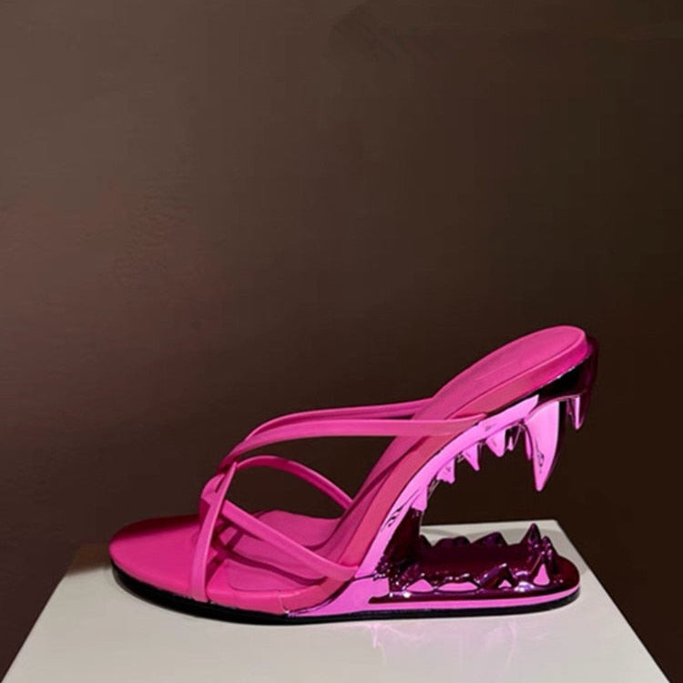 Fashion Metal Teeth Shaped Heel Sandals Round Toe Back Zipper Women's Dress Large Women's Sandals Summer rose red 2