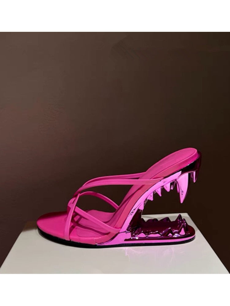 Fashion Metal Teeth Shaped Heel Sandals Round Toe Back Zipper Women's Dress Large Women's Sandals Summer rose red 2