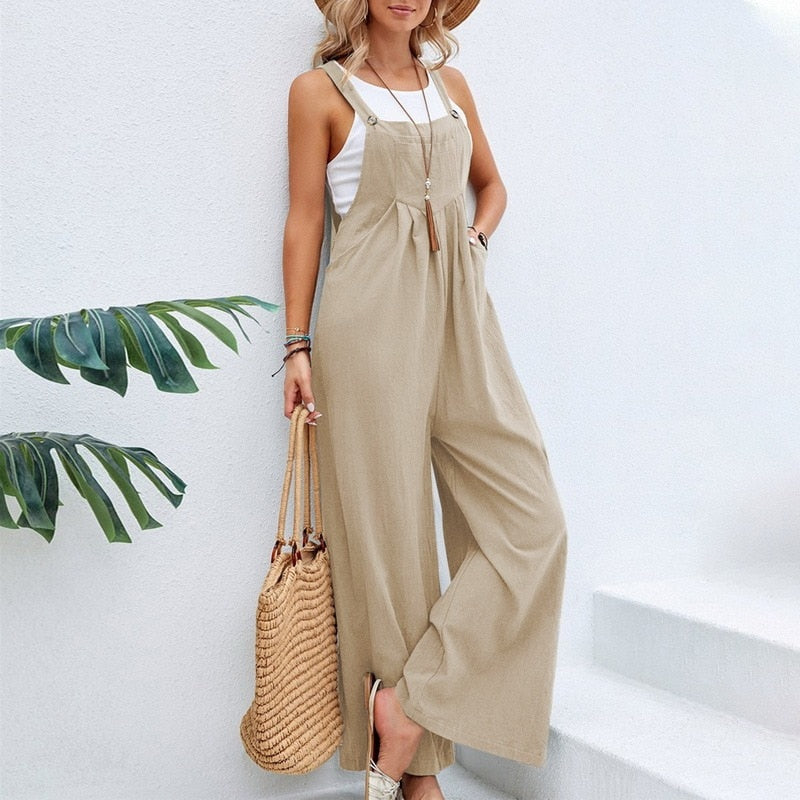 Vintage Cotton Linen Jumpsuit Women 2023 Casual Solid Button Wide Leg Suspender Pants with Pockets Summer Loose Overalls Rompers