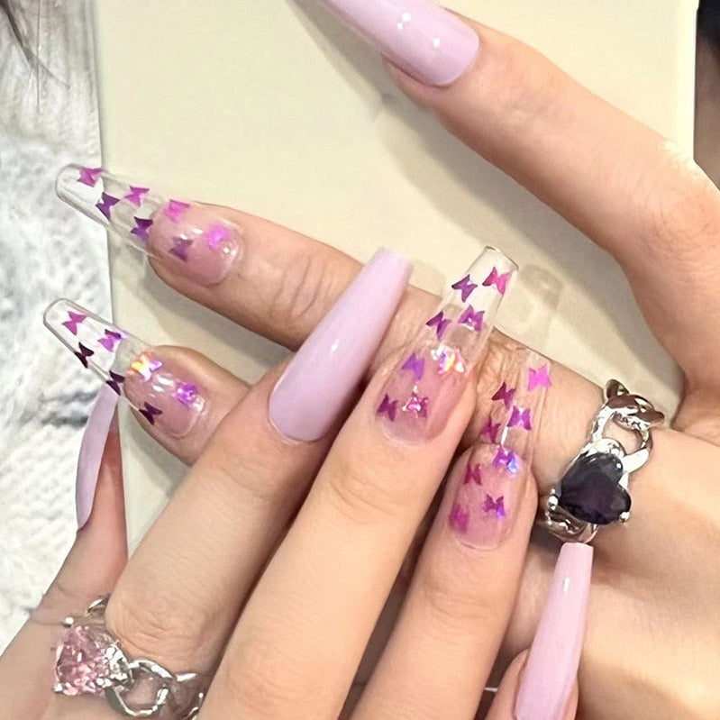 Black Comic Hand Drawn Pattern Wearable Nail Art Glossy Purple Long Ballet Detachable Finished False Nails Press on Nails MT679JP1196