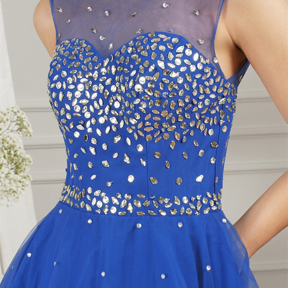 Royal Blue Short Homecoming Dress For Juniors Cocktail Party Beading Tulle O Neck Backless A Line Mini Prom Dresses Women