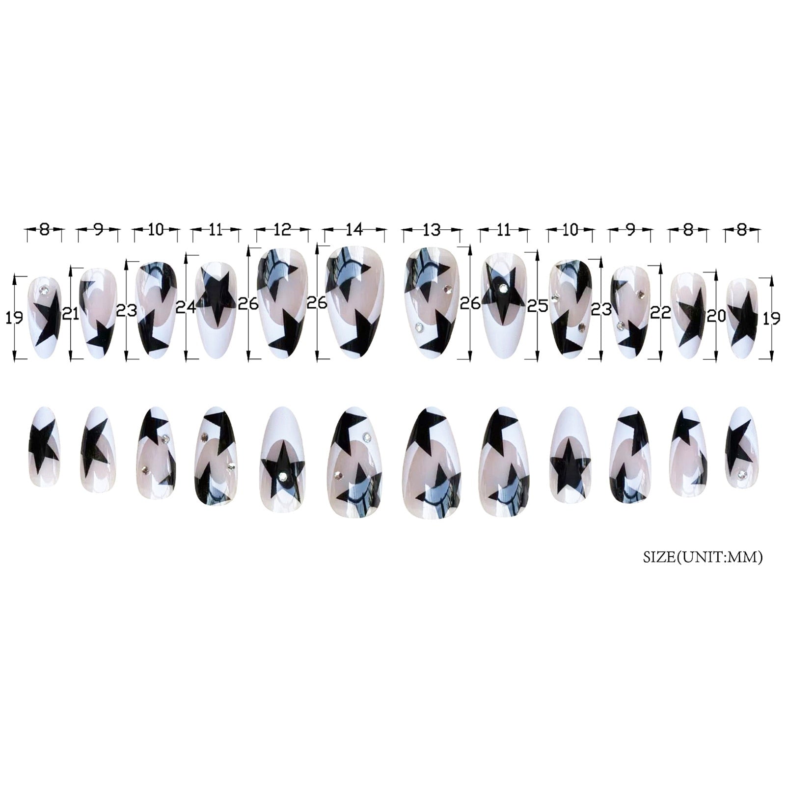 Short Almond Y2k Nails Press On Nail With Black Pentacle Star Designs 24pcs White French False Nails Rhinestone Fake Nail Tips