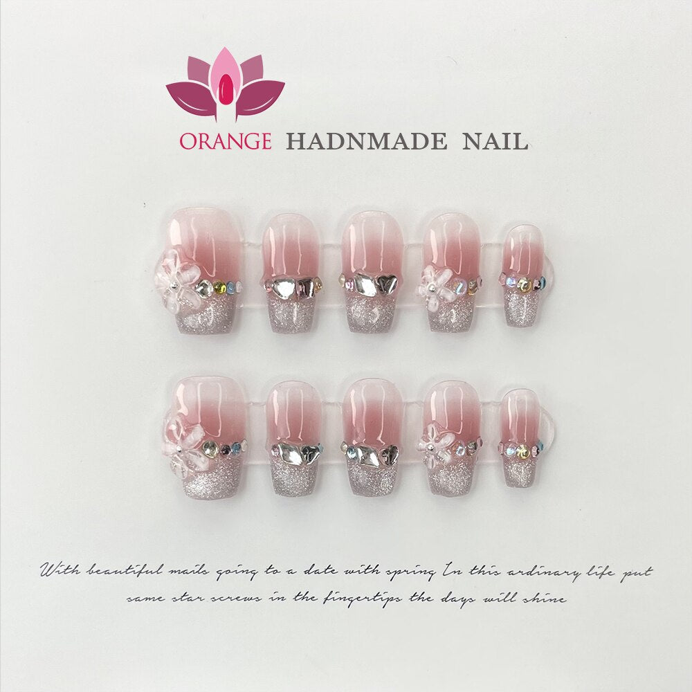 Presse on Nail Tips Full Cover With Designed Flower Deco Handwork Wearable Ballerina Artificial Korean Nail Art Spain
