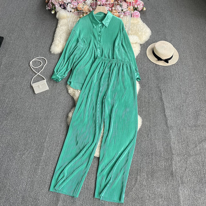 Casual Women Elegant Pleated Two Piece Set Long Sleeve Shirt And Wide Leg Pant Suits Loose Office Lady Outfits Autumn green One Size
