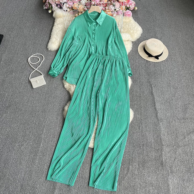 Casual Women Elegant Pleated Two Piece Set Long Sleeve Shirt And Wide Leg Pant Suits Loose Office Lady Outfits Autumn green One Size