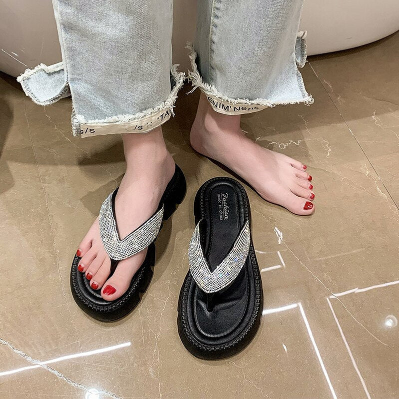 Thick Platform Shiny Crystal Flip Flops Women Summer Soft Bottom Beach Sandals Shoes Woman Fashion Clip Toe Clogs Slippers