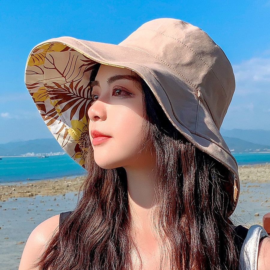 Spring Summer Print Reversible Sun Beach Hat Woman Girl Outdoor Travel Vacation Fisherman Cap Wide Brim 12.5cm Visor Hat C Khaki Head Girth 56-58cm