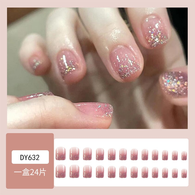 Gradient Fake Nails Press on Nail Diamond Cross Art Long Tips False Forms with Glue Stick Stickers Reusable Set DY632