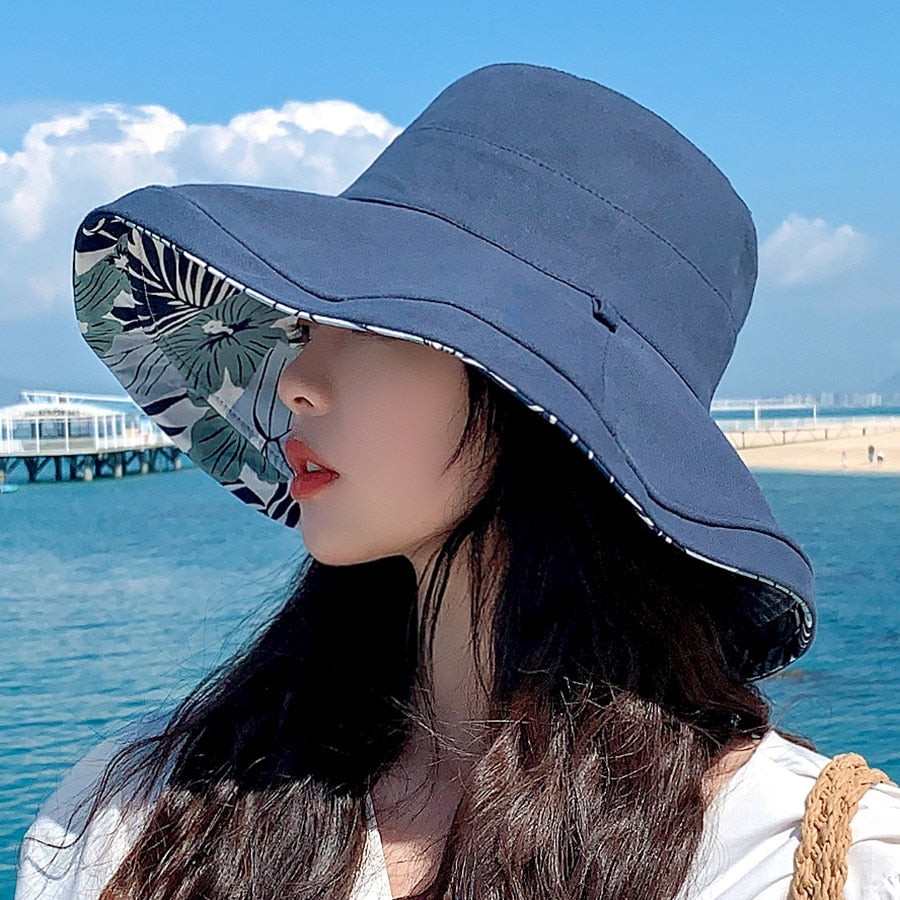 Spring Summer Print Reversible Sun Beach Hat Woman Girl Outdoor Travel Vacation Fisherman Cap Wide Brim 12.5cm Visor Hat C Navy Head Girth 56-58cm