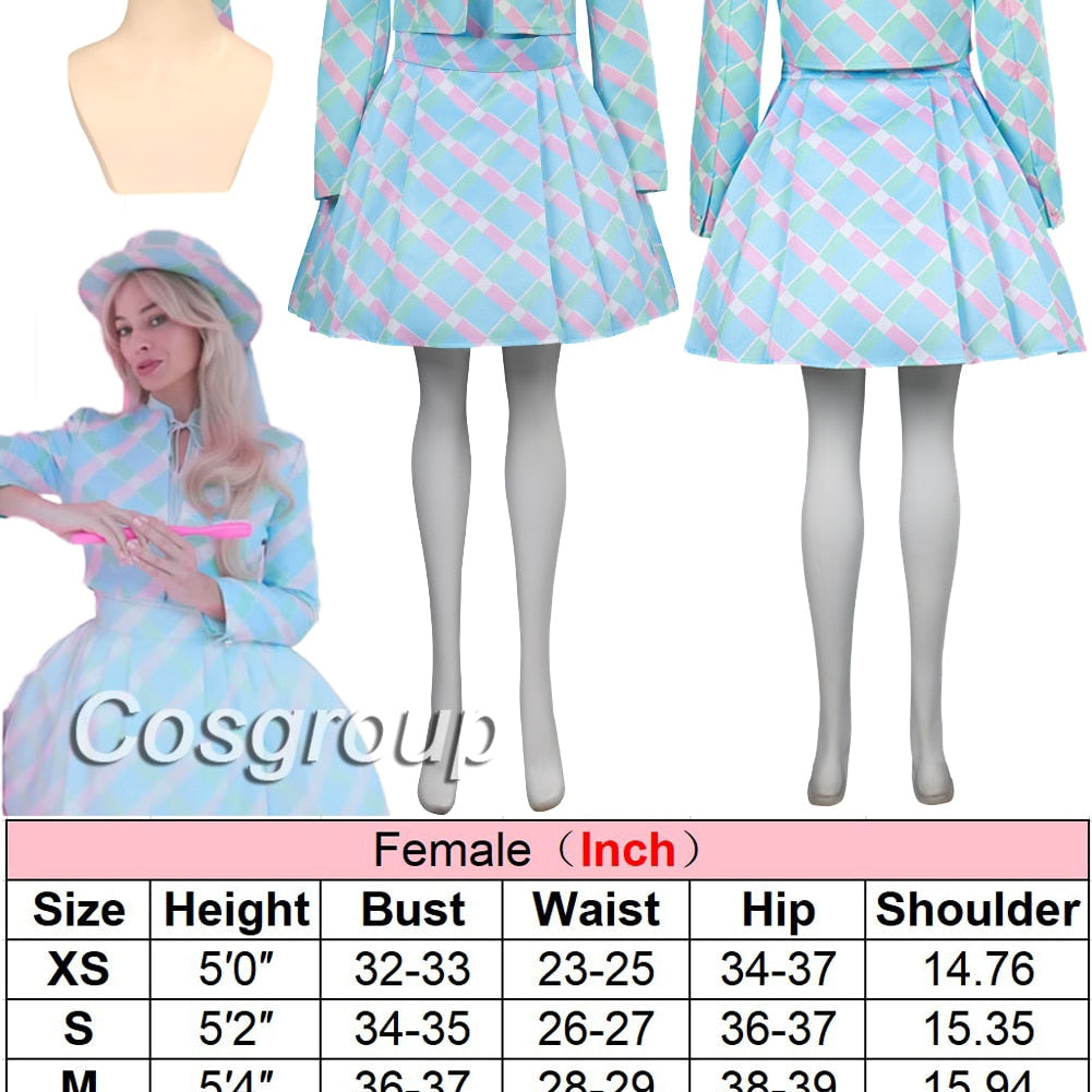 Margot Cosplay Kawaii Pink Plaid Dress Women Costume Movie Barbei Roleplay Fantasia Halloween Party Clothes For Disguise Style F