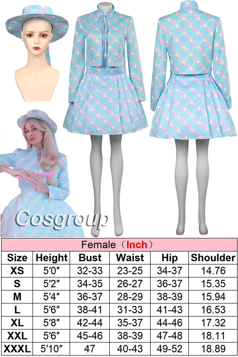Margot Cosplay Kawaii Pink Plaid Dress Women Costume Movie Barbei Roleplay Fantasia Halloween Party Clothes For Disguise Style F