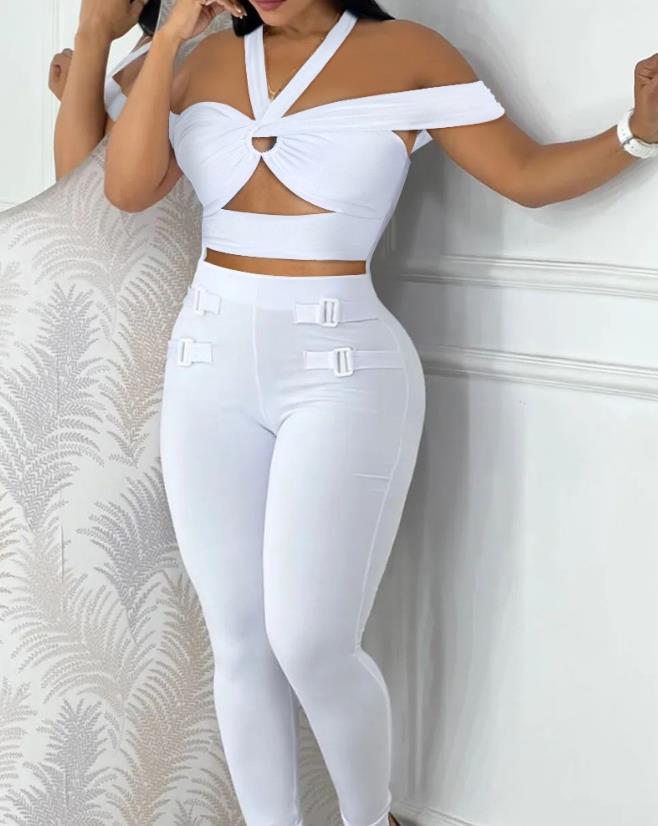 Sexy Night Out Jumpsuit for Women Summer New Sleeveless Plunge Hollow Out Halter Buckled Contrast Mesh Lady Skinny Jumpsuit H