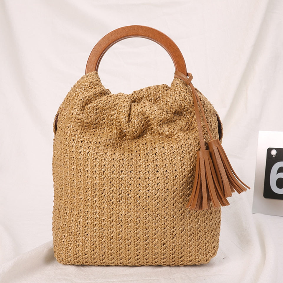 Summer Straw Handbag Wooden Handle Large Capacity Paper Rope Woven Straw Bag New Fashion Summer Vacation Travel Beach Bag brown15
