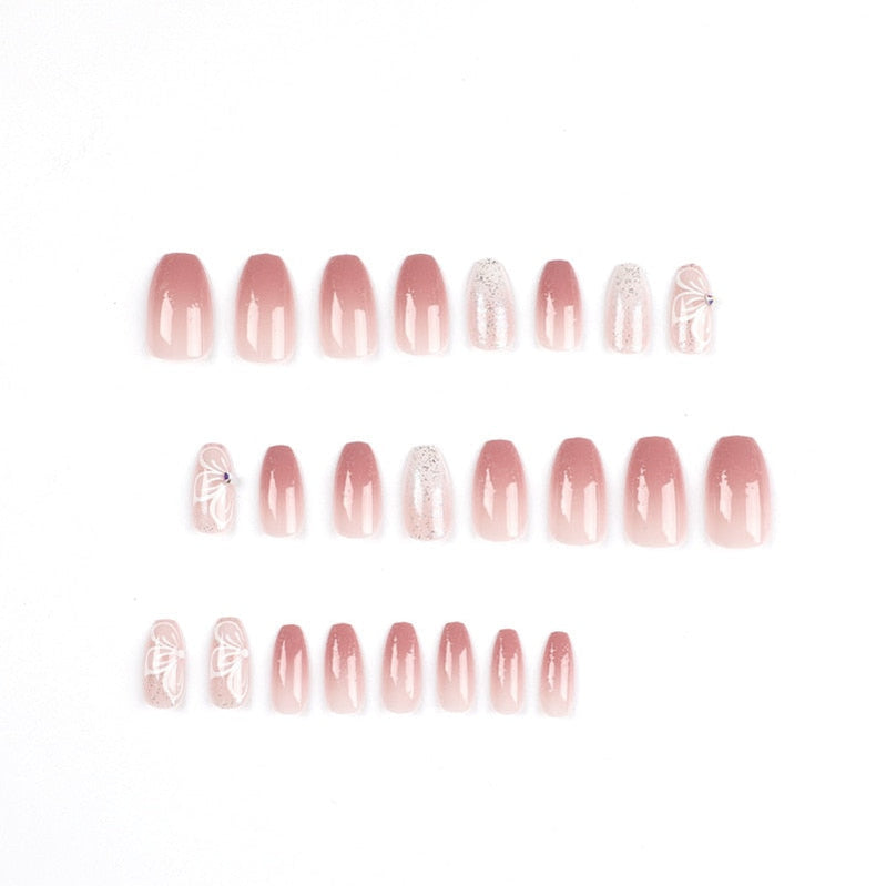 Wholesale 24Pcs/Set Wearable Pink Press On Fake Nails Tips Butterfly Gradual Shining Pink Pure Water Diamond Nail Wearing Parts