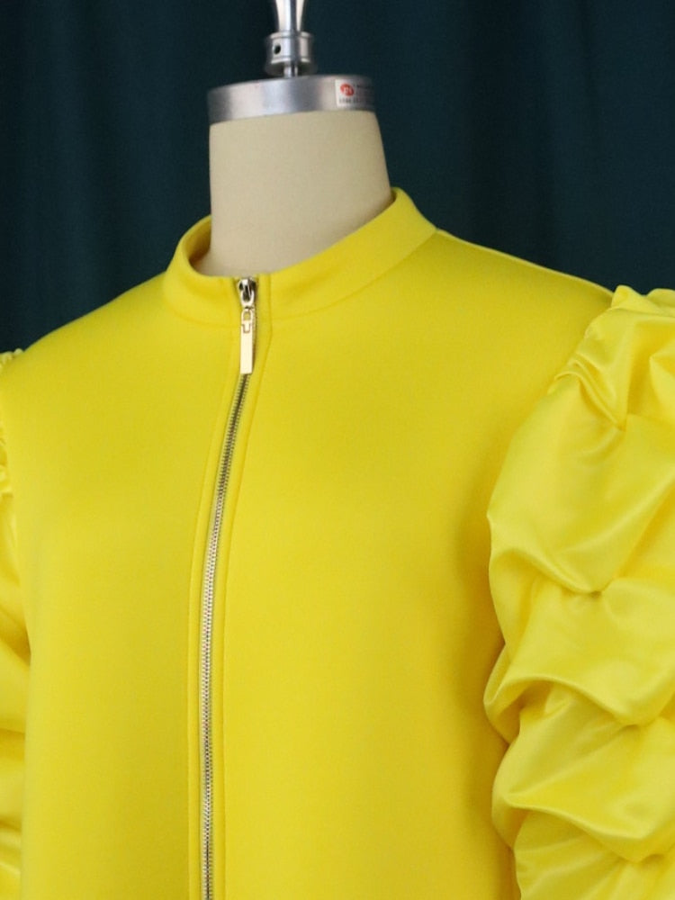 Trendy Fall Winter Mini Shift Dress Women High Neck Puff Sleeve Zipper Tunic Dress Retro Vintage Party Club Events Wear 4XL