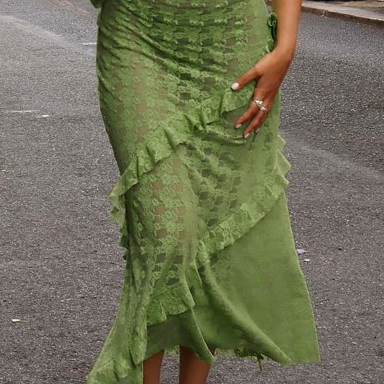 Fantoye Sexy See Through Lace Women Skirt Black High Waist Floral Y2k Skirt Femme Summer Casual Vacation Outside Streetwear 2023 Green