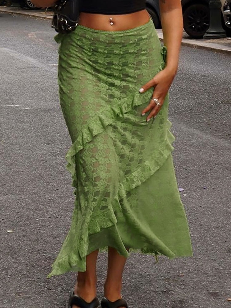Fantoye Sexy See Through Lace Women Skirt Black High Waist Floral Y2k Skirt Femme Summer Casual Vacation Outside Streetwear 2023 Green