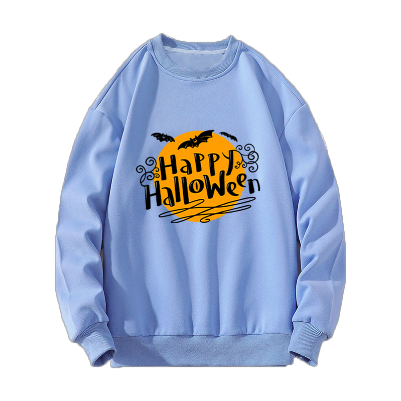Fashion Halloween Pattern Print Crew Neck Sweater Casual Sports Outdoor Cute Long Sleeve Sweatshirt Blue