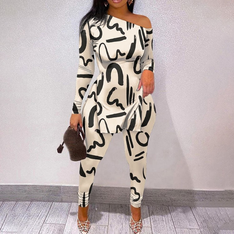 Fall Women Two Piece Sets Outfits Casual Print Side Slit Top And Skinny Pants Tracksuits Fashion Streetwear 2pcs Suits New beige