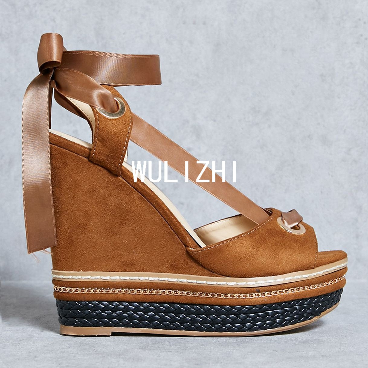 Wedge Metal Chain Strap Sexy Sandals Woman Peep Brown Leather Zipper Platform Heels Cover Open Suede Velvet Noble Shoes Summer 12.5cm 2
