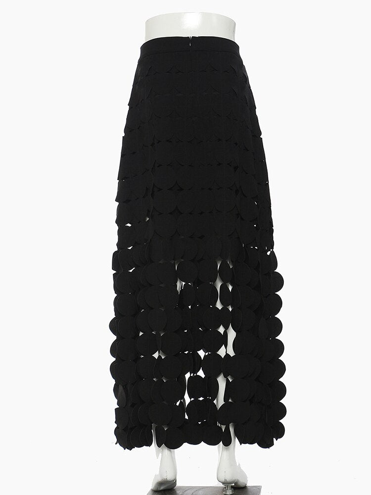 [EAM] High Waist Black Hollow Out Tassels Long Slit Elegant Half-body Skirt Women Fashion Tide New Spring Autumn 2023 1DE9035