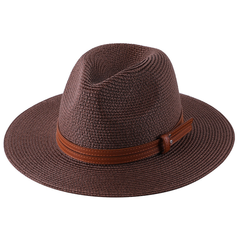 56-58-59-60CM New Natural Panama Soft Shaped Straw Hat Summer Women/Men Wide Brim Beach Sun Cap UV Protection Fedora Hat Brown01