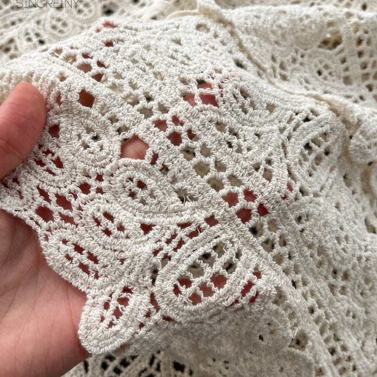 Loose Knit Long Dress Women V Neck Solid Hollow Out Design Retro Fashion Ladies Y2K Casual Summer Beach Dresses