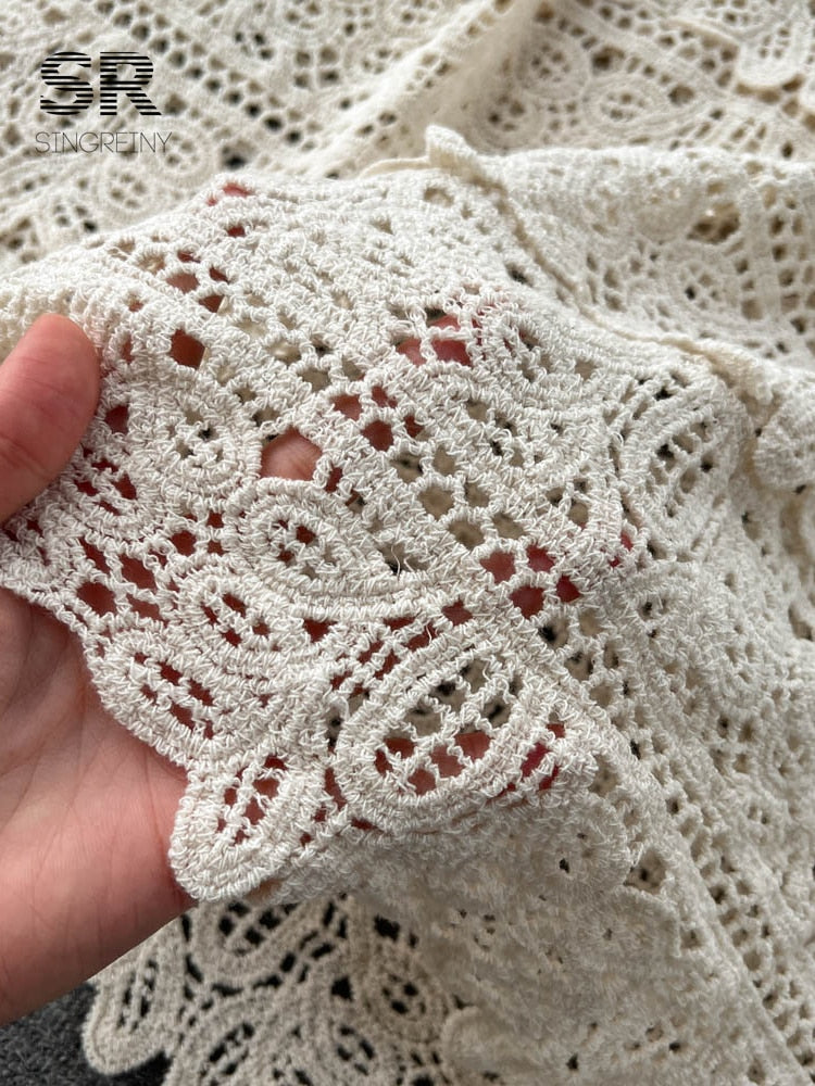 Loose Knit Long Dress Women V Neck Solid Hollow Out Design Retro Fashion Ladies Y2K Casual Summer Beach Dresses