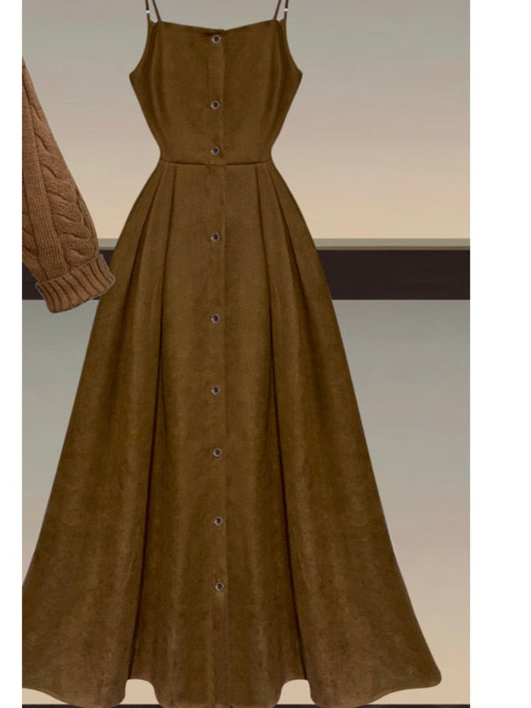 Fall Winter Two Piece Sets Women Outfits Korean Casual Long Sleeve Twist Knitted Short Sweater And Straped High Waist Dress Sets dress 1