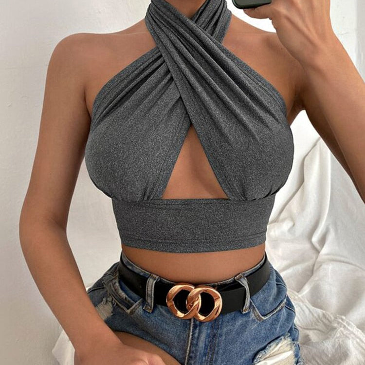 Women Summer Tank Tops Sexy Solid Color Cross Halter Neck Push Up Hollow Crop Tops High Street Wear 2023 New Fashion Gray