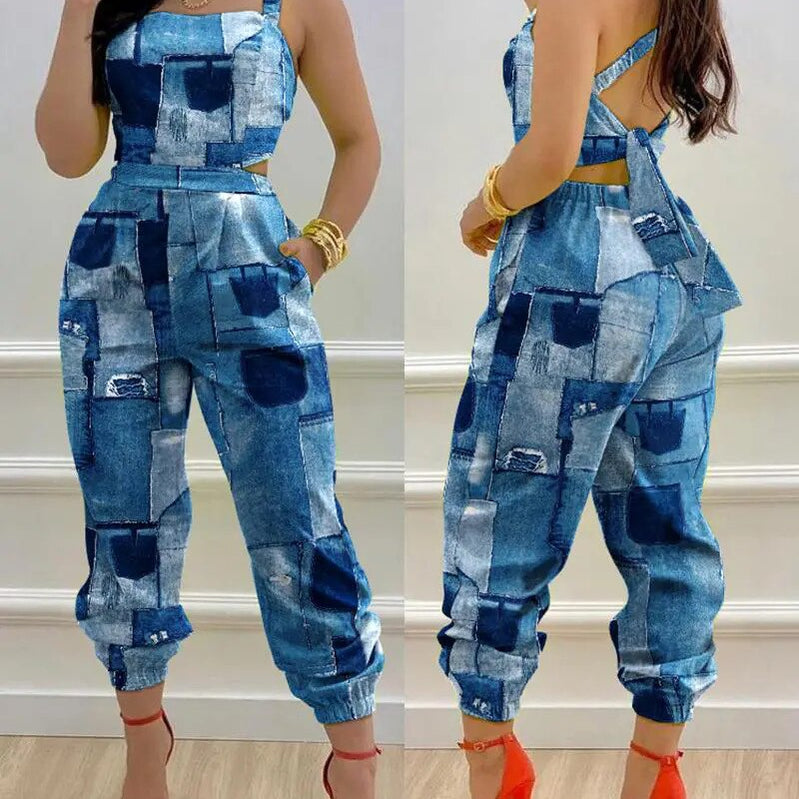 Woman Jumpsuits Elegant Jumpsuits Sexy V-neck Sleeveless Printed Jumpsuit New Fashion with Belt Vest Playsuit Streetwear G