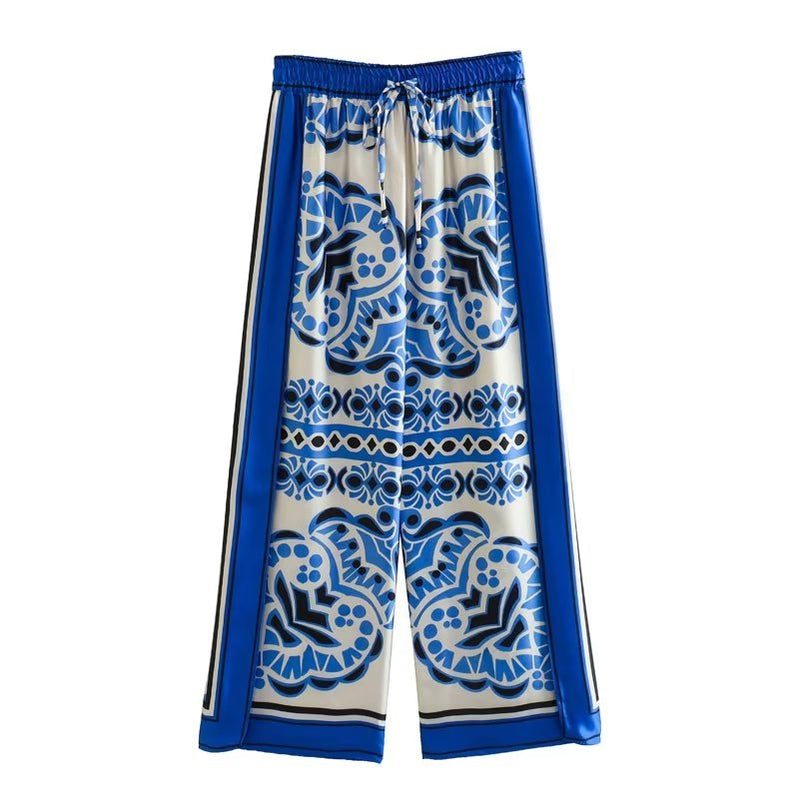 Woman Shirts Pants Sets New Summer Geometric Print Loose Long sleeved Shirts Fashion Elastic Waist Wide Leg Pants Outfits Pants-Blue