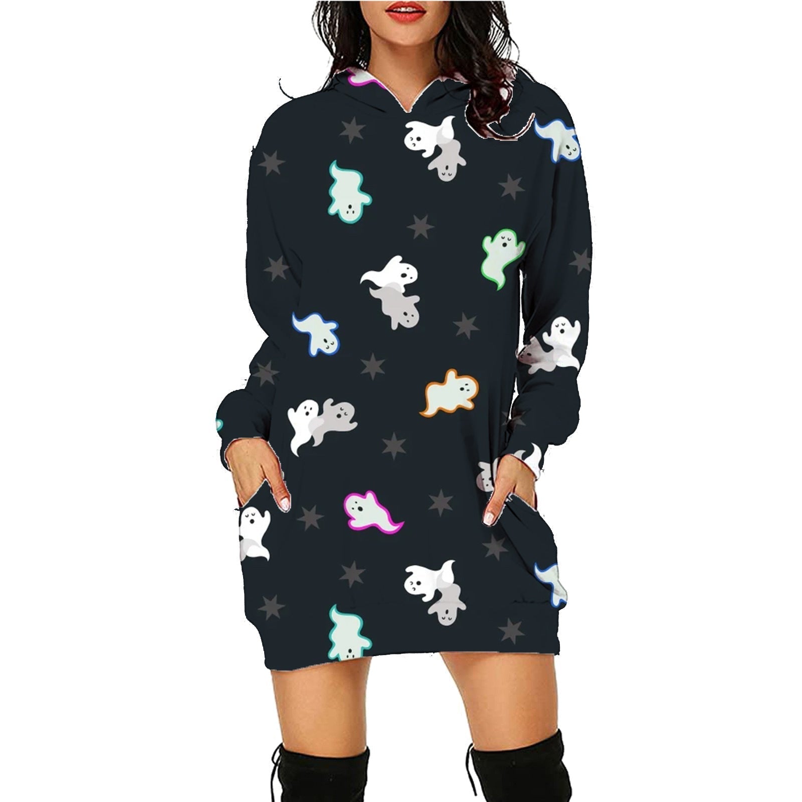 Halloween Print Long Hoodie With Pockets Sweater Long Sleeve Clothes Women SC16